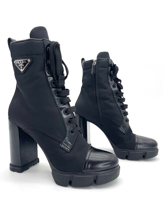 Prada Shoes - Prada Black Spazzolato Leather Re-Nylon Triangle Logo Lug Sole Ankle Boots IT 40